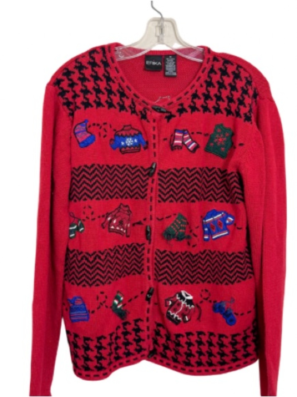 VTG Erika Red Knit Winter Embroidered Teacher Cute Cardigan Sweater Size Medium